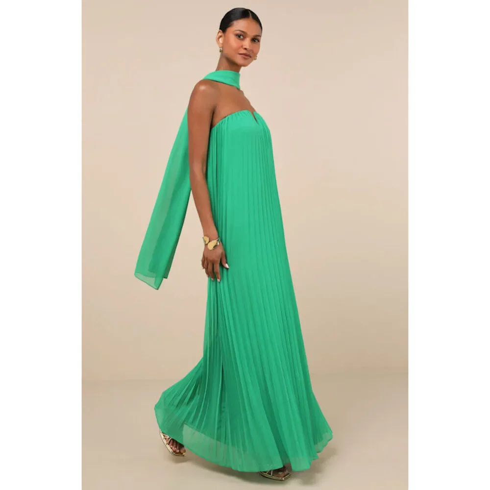 Lulus Lael Green Pleated Strapless Dress And Scarf Set - Size S - Picture 1 of 5